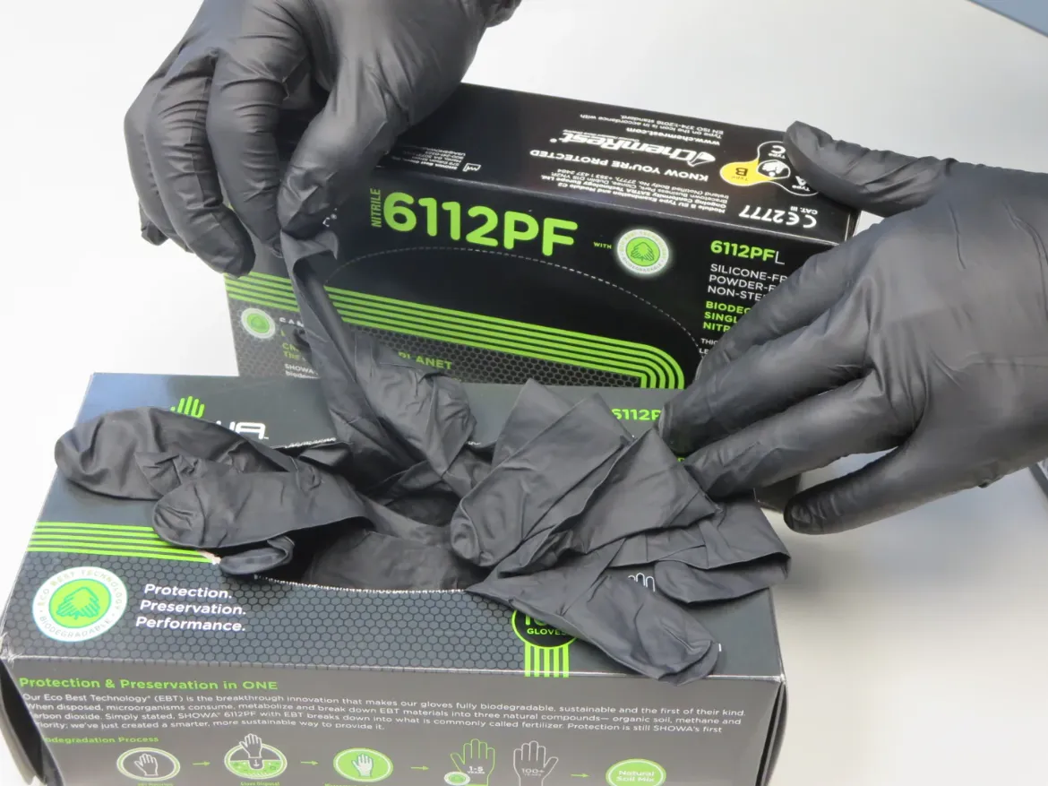 Biodegradable Nitrile Gloves- L, single-use, powder-free, 4 mil, Black, gen. use, 100bx/ 1000cs